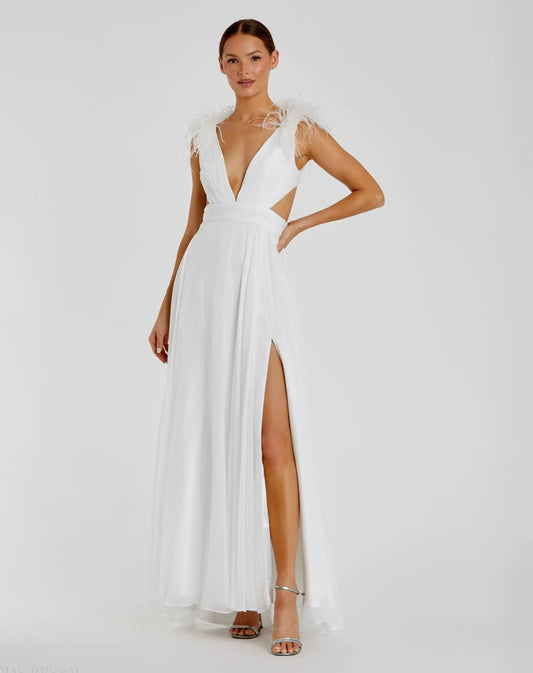 Plunge Ostrich Feather A Line Gown
