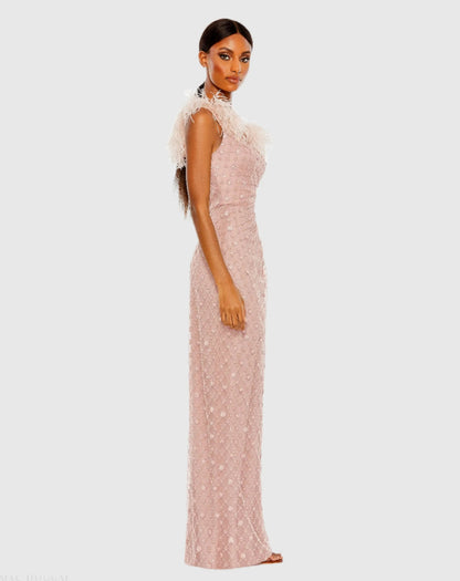 Pink Embellished One Shoulder Gown w/ Ostrich Feathers