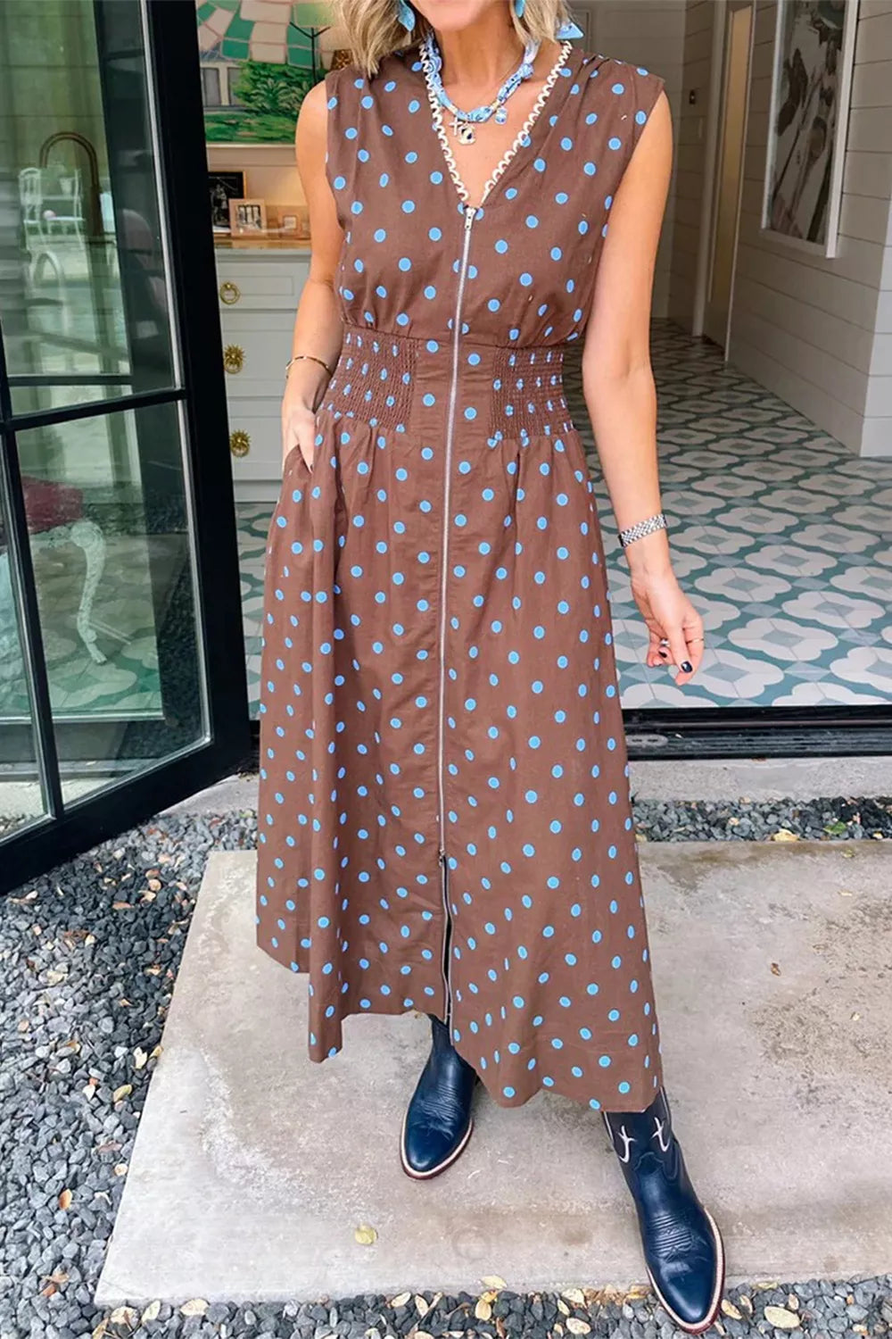 Hazel Blues® |  Polka Dot Zipper Front Midi Dress