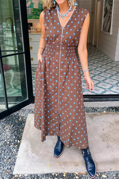 Hazel Blues® |  Polka Dot Zipper Front Midi Dress