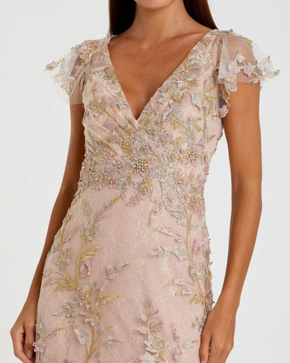 Pink Embroidered Applique Wrap Over Flutter Sleeve Gown