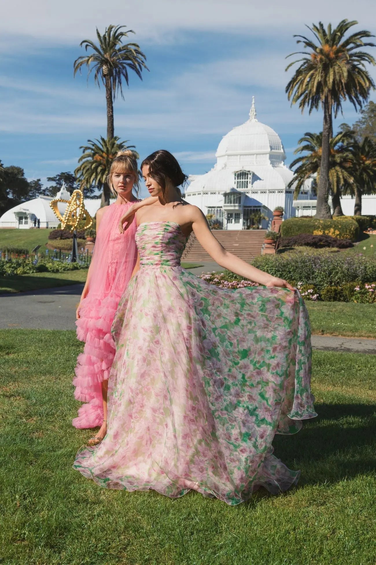 Pink Strapless Floral Chiffon Gown with Ruched Detail