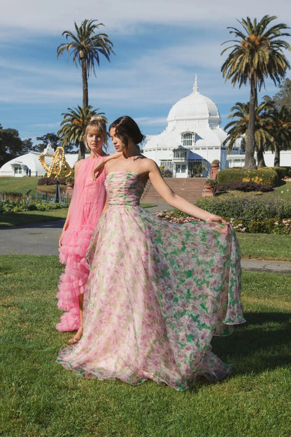 Pink Strapless Floral Chiffon Gown with Ruched Detail
