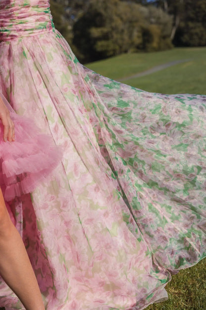 Pink Strapless Floral Chiffon Gown with Ruched Detail