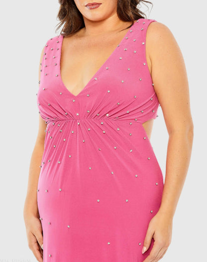 Pink Rhinestone Embellished Open Back Jersey Gown (Plus) - FINAL SALE