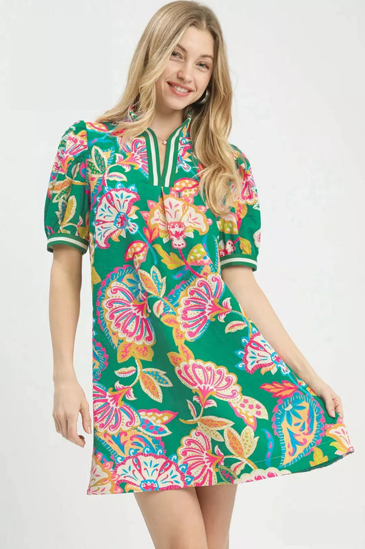 Hazel Blues® |  Umgee Jacquard Paisley Print Puff Sleeve Tunic Dress