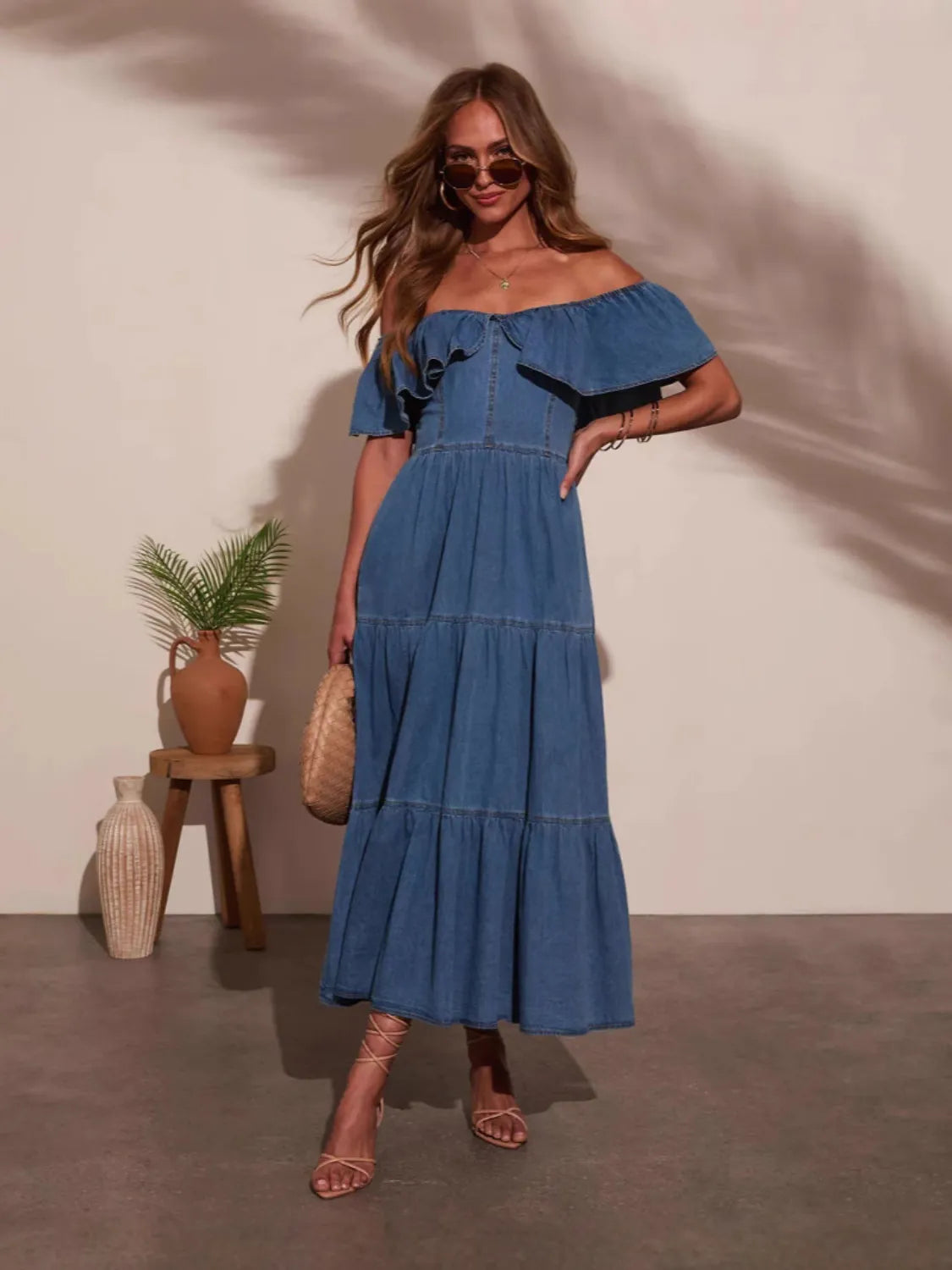 Hazel Blues® |  Off Shoulder Ruffle Tiered Denim Dress