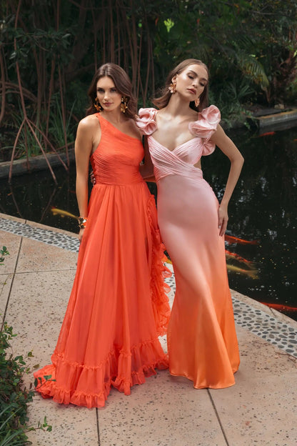 Pink and Orange Charmeuse Ruffle Strap Crossover Ombre Gown