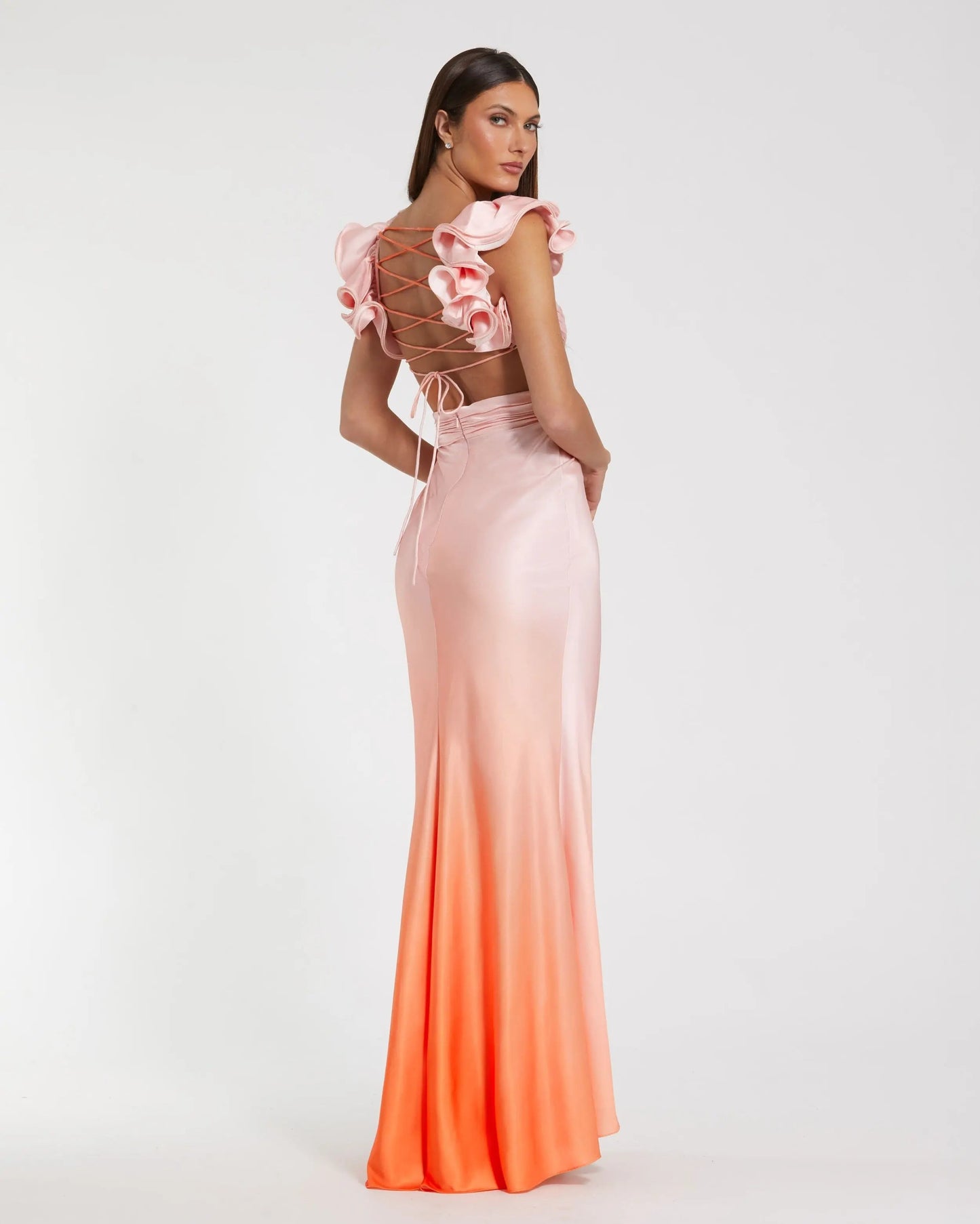 Pink and Orange Charmeuse Ruffle Strap Crossover Ombre Gown