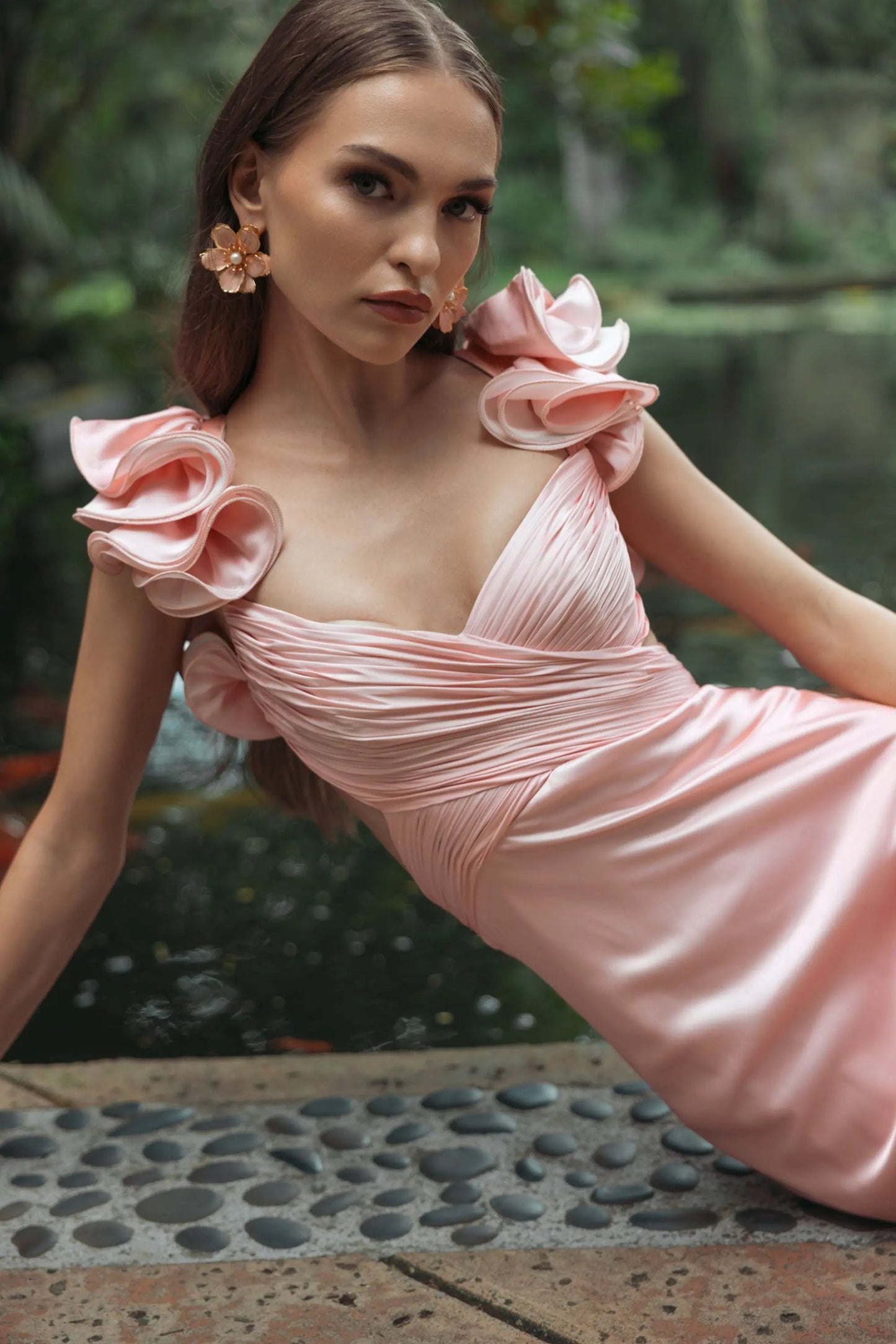 Pink and Orange Charmeuse Ruffle Strap Crossover Ombre Gown