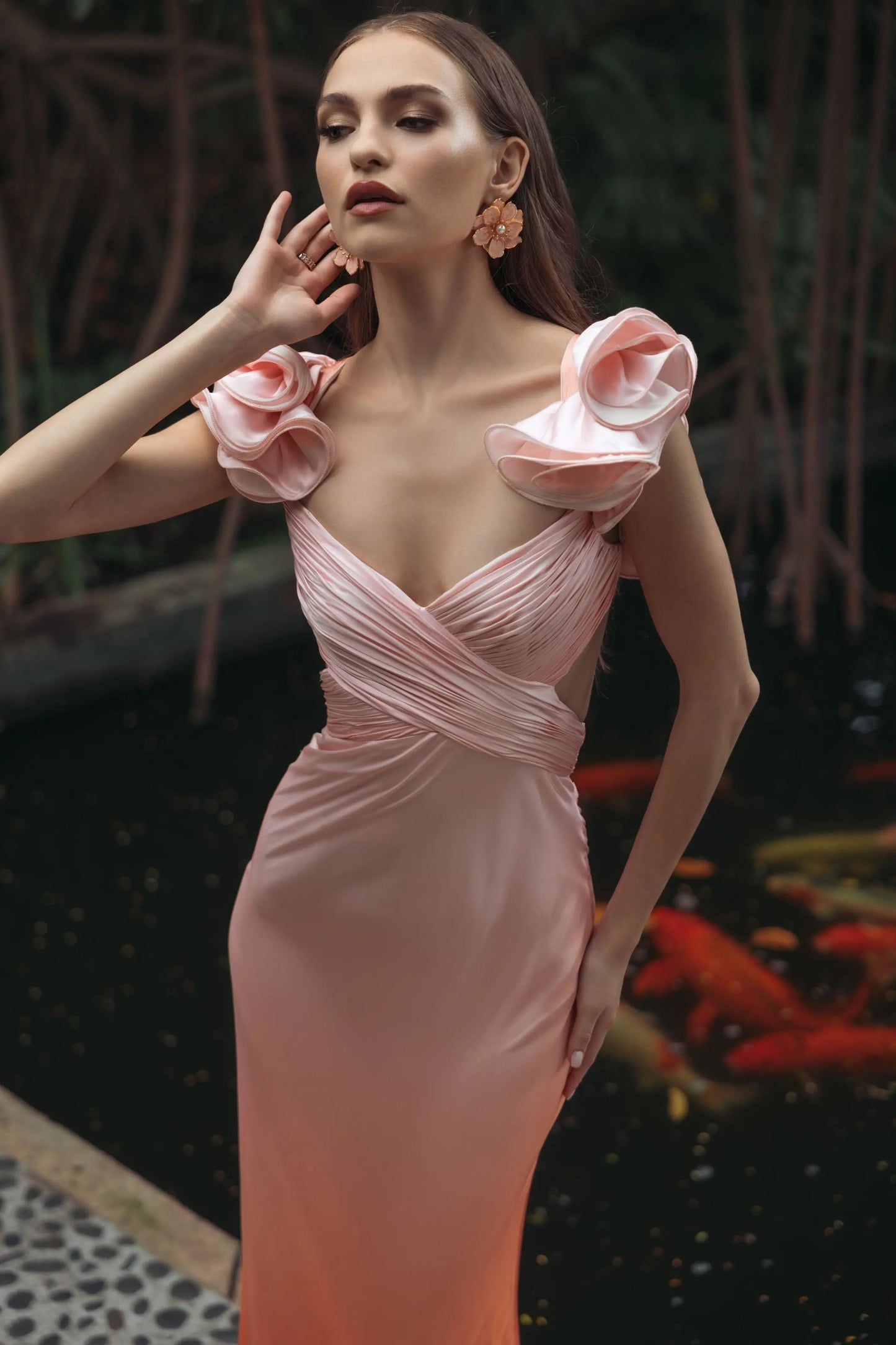 Pink and Orange Charmeuse Ruffle Strap Crossover Ombre Gown