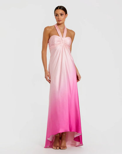 Pink Charmeuse Tie Halter Neck Ombre Gown