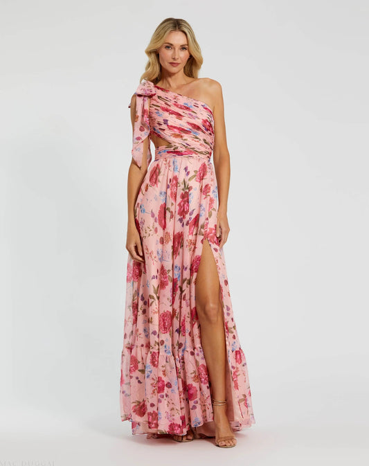 Pink One Shoulder Floral Printed Chiffon Side Cut Out Gown