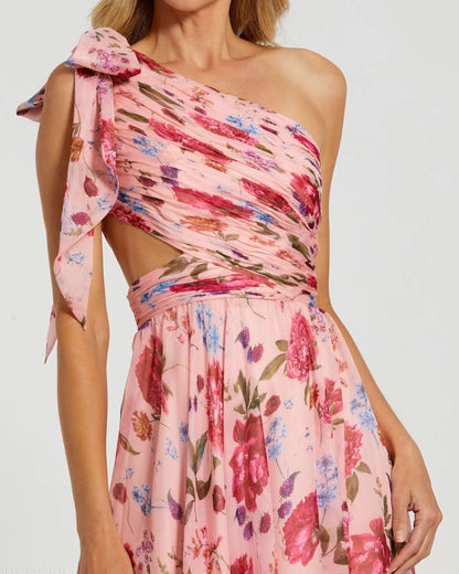 Pink One Shoulder Floral Printed Chiffon Side Cut Out Gown