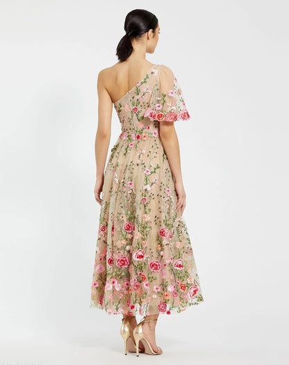 Pink One Shoulder Lace Embroidered Dress