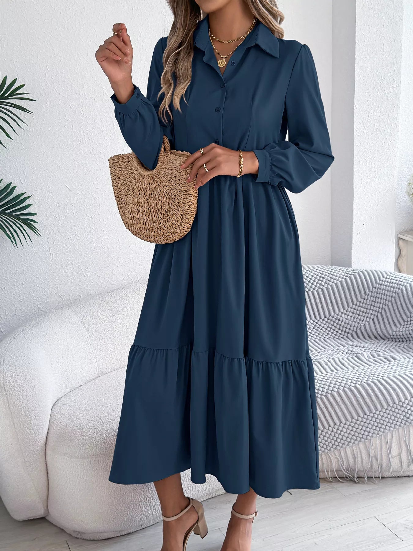 Hazel Blues® |  Long Sleeve Tiered Button Front Midi Dress