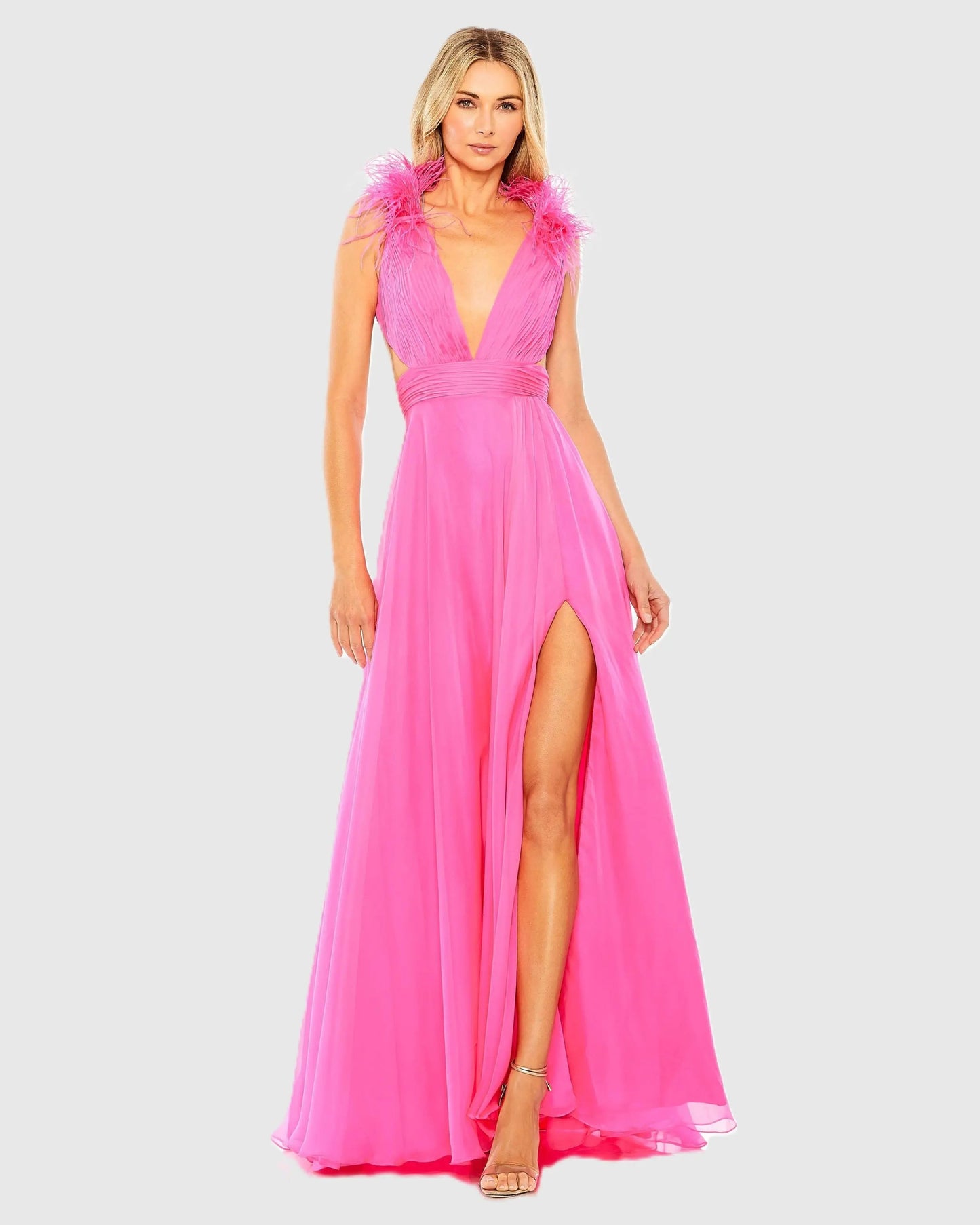 Pink A-Line V Neck Feathered Collar Gown