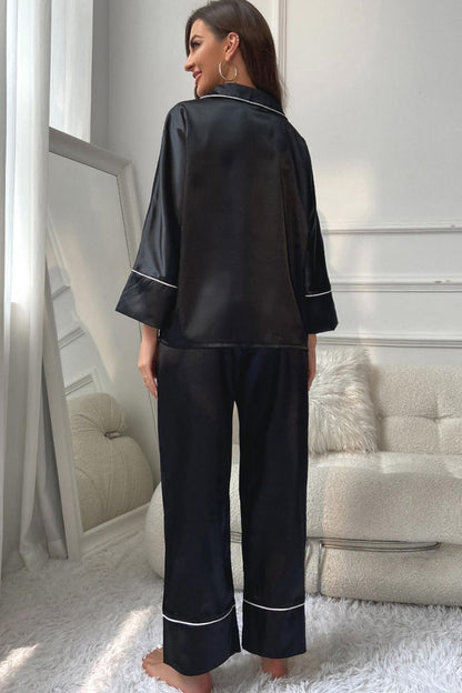 Hazel Blues® |  Contrast Piping Button-Up Top and Pants Pajama Set