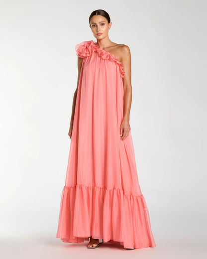 Pink One Shoulder Chiffon Gown With 3D Rosette