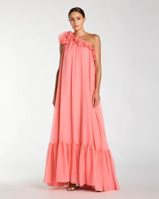 Pink One Shoulder Chiffon Gown With 3D Rosette