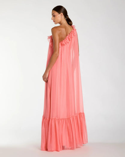 Pink One Shoulder Chiffon Gown With 3D Rosette