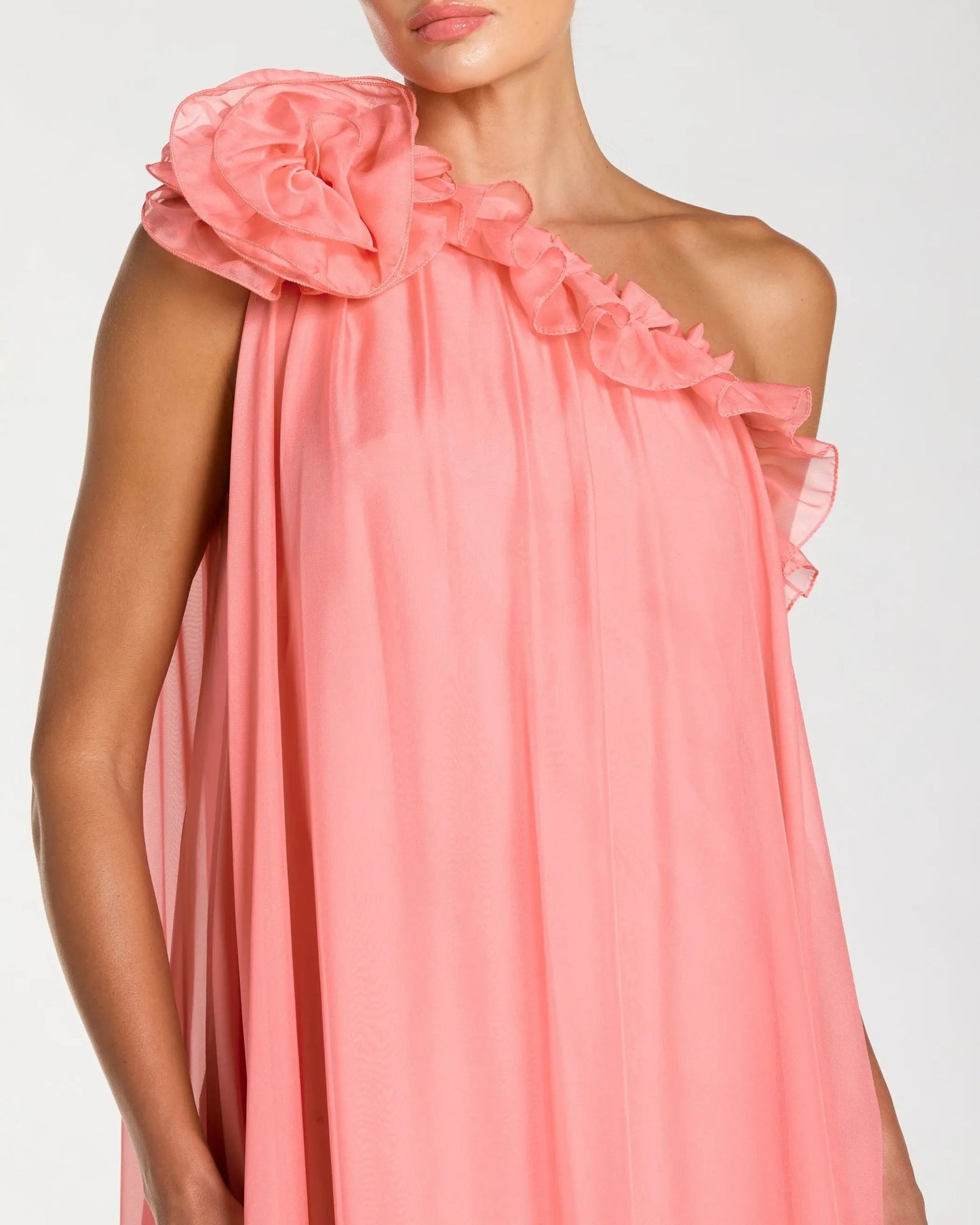 Pink One Shoulder Chiffon Gown With 3D Rosette