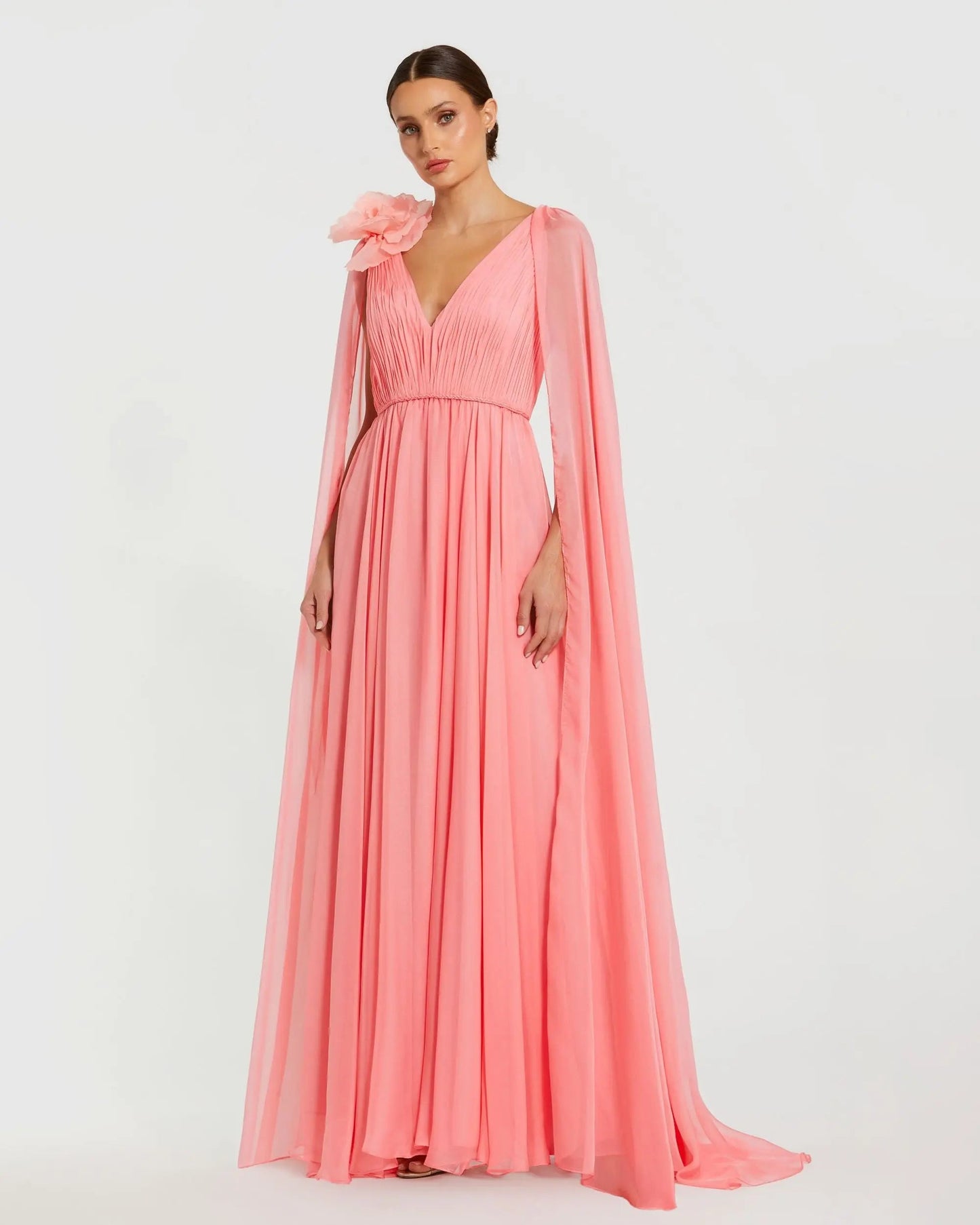 Pink Chiffon V-Neck Gown With Cape Sleeves