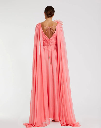 Pink Chiffon V-Neck Gown With Cape Sleeves