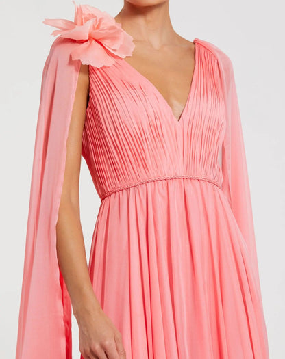 Pink Chiffon V-Neck Gown With Cape Sleeves