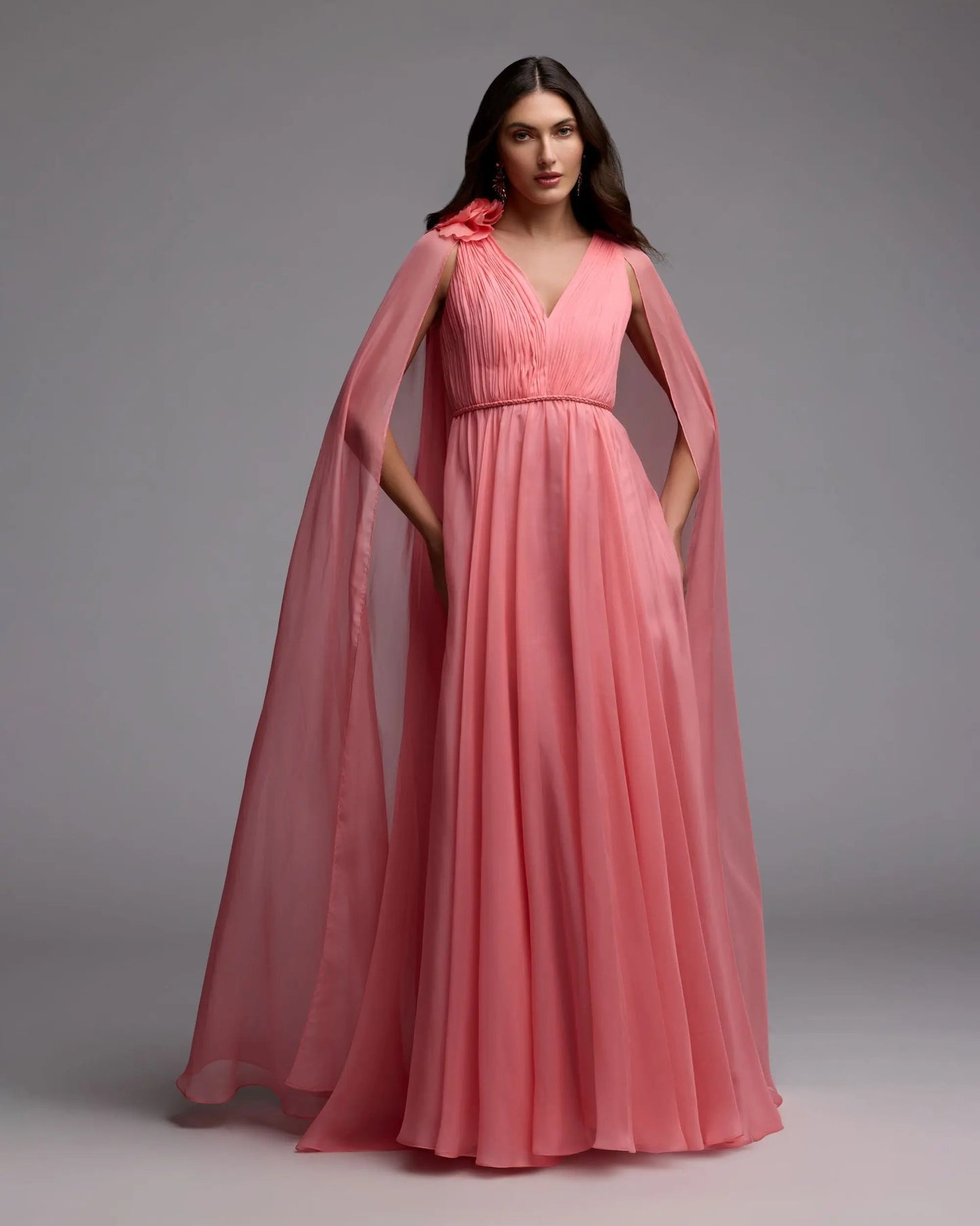 Pink Chiffon V-Neck Gown With Cape Sleeves