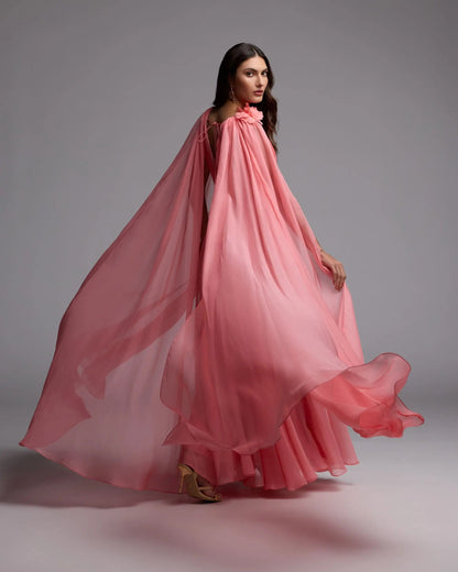Pink Chiffon V-Neck Gown With Cape Sleeves
