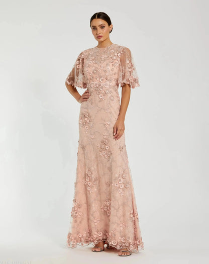 Petite Pink Flutter Sleeve Floral Embroidered Net Gown