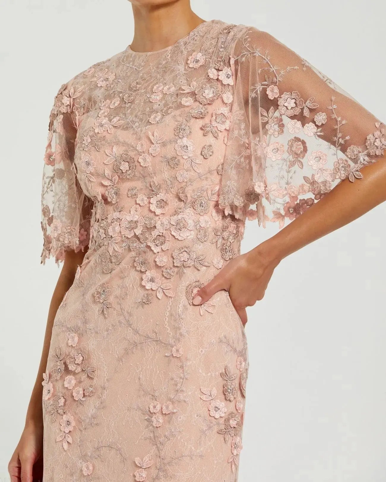 Petite Pink Flutter Sleeve Floral Embroidered Net Gown