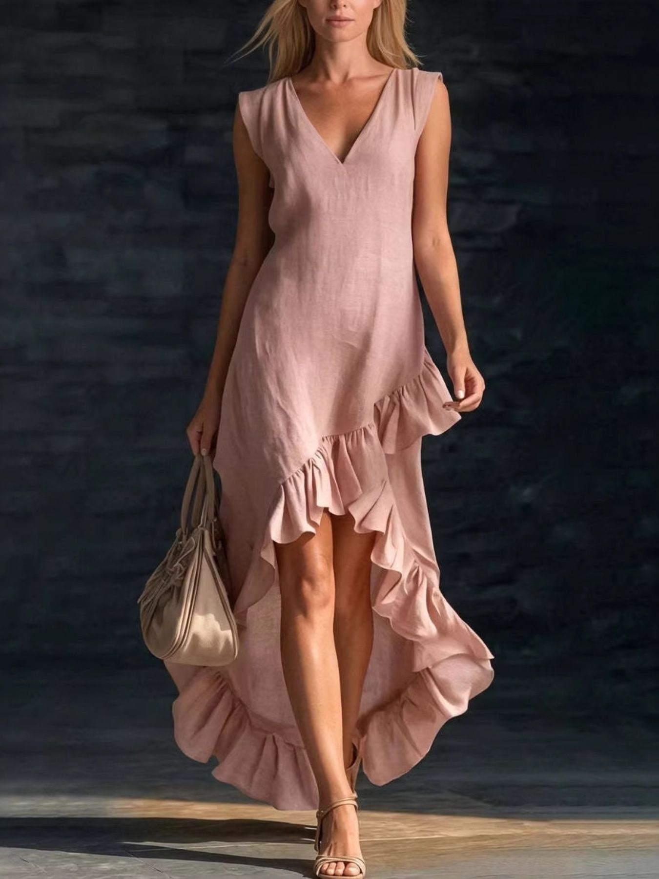 Hazel Blues® |  Sleeveless V-Neck Ruffle Hem High-Low Dress