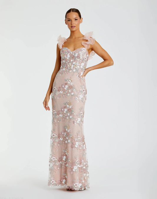 Pink Embroidered Lace Floral Gown with Ruffle Straps