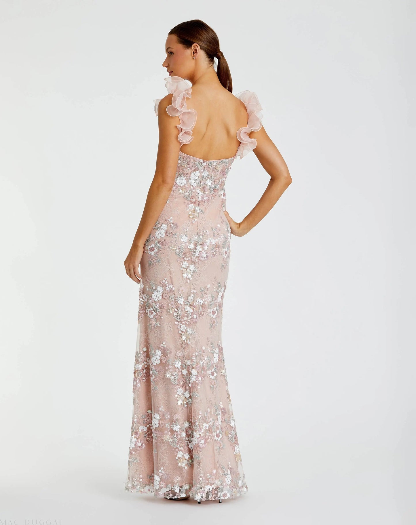 Pink Embroidered Lace Floral Gown with Ruffle Straps