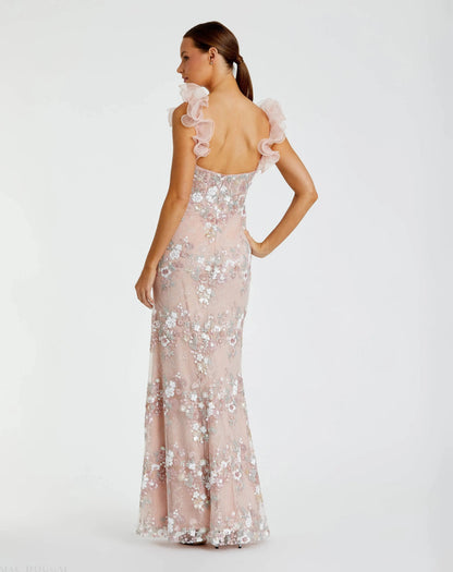 Pink Embroidered Lace Floral Gown with Ruffle Straps