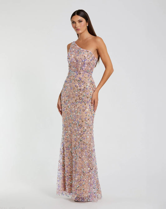 Pink Floral Embellished One Shoulder Column Gown