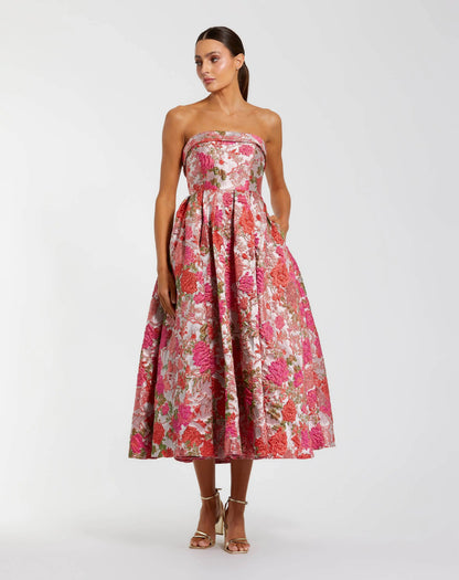 Pink Floral Brocade Strapless A-Line Midi Dress