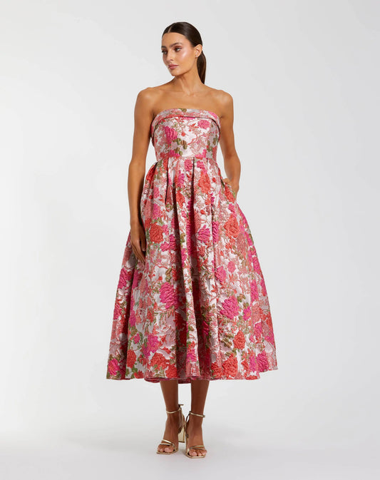 Pink Floral Brocade Strapless A-Line Midi Dress