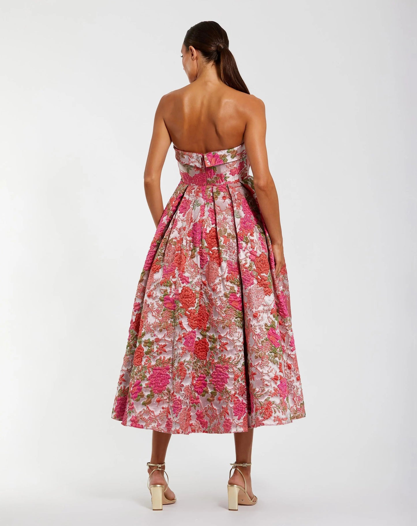 Pink Floral Brocade Strapless A-Line Midi Dress