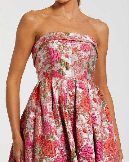 Pink Floral Brocade Strapless A-Line Midi Dress