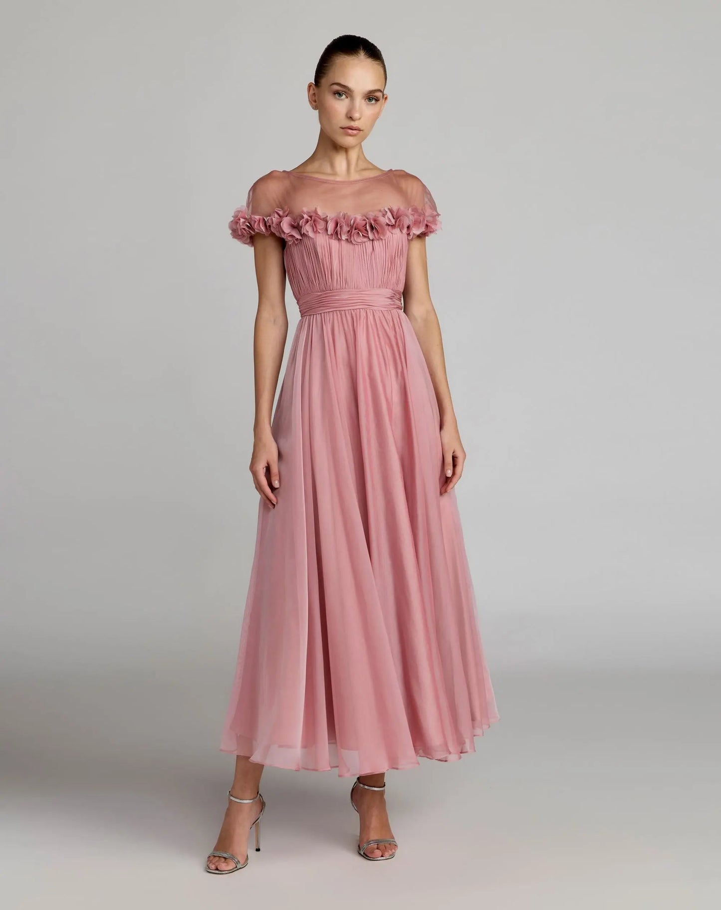 Pink Chiffon Illusion Neck Midi Dress With 3D Flowers