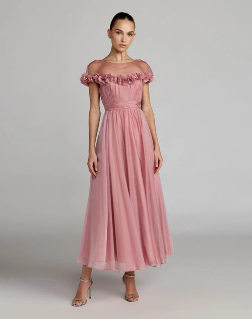 Pink Chiffon Illusion Neck Midi Dress With 3D Flowers