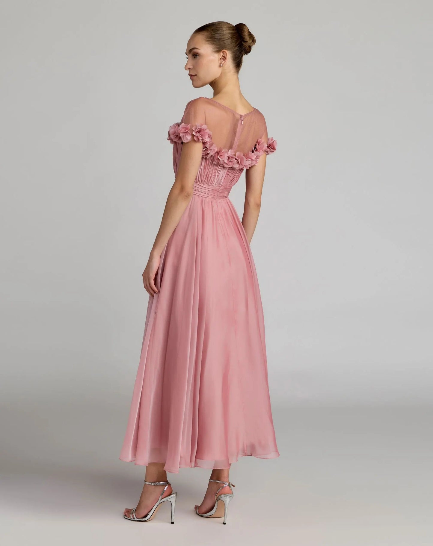 Pink Chiffon Illusion Neck Midi Dress With 3D Flowers