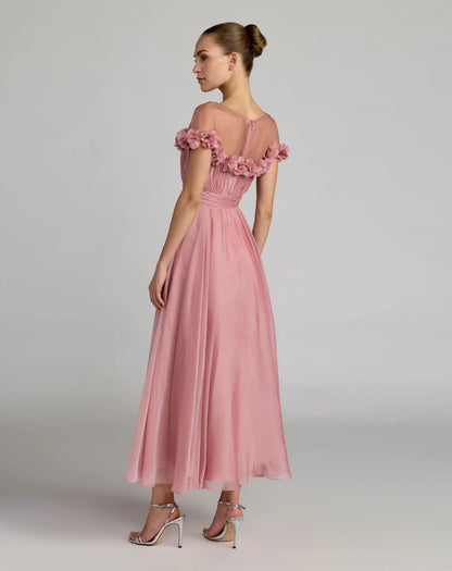 Pink Chiffon Illusion Neck Midi Dress With 3D Flowers