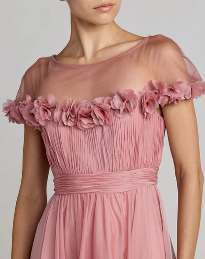 Pink Chiffon Illusion Neck Midi Dress With 3D Flowers