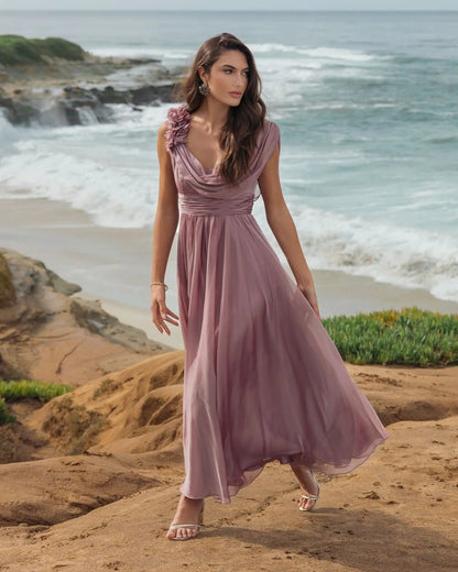 Pink Chiffon Cowl Neck Dress With 3D Flowers