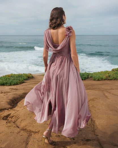 Pink Chiffon Cowl Neck Dress With 3D Flowers