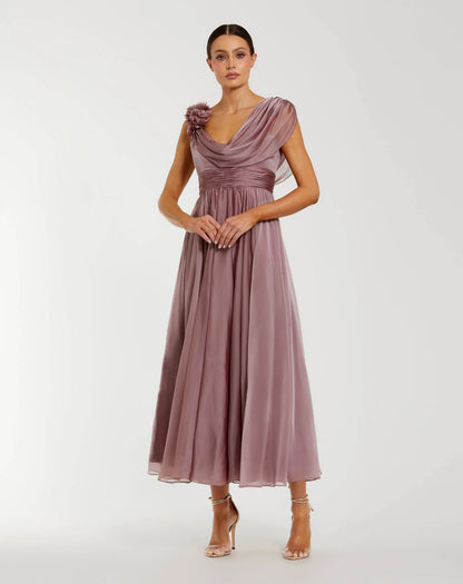 Pink Chiffon Cowl Neck Dress With 3D Flowers